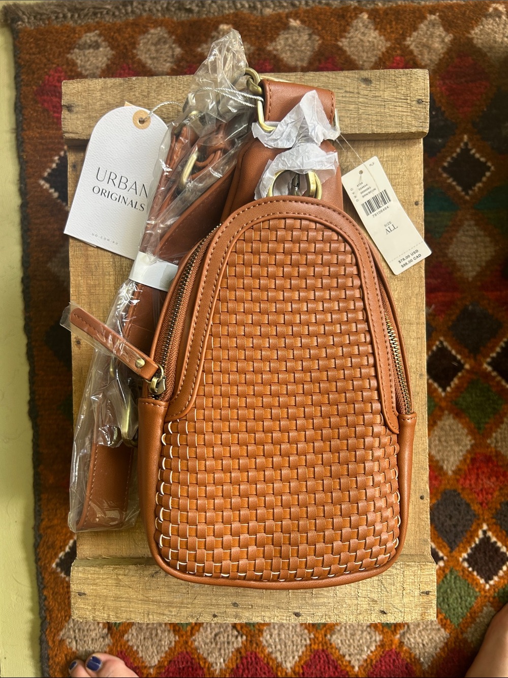 Urban Originals Anthropologie Cognac Woven Crossbody Sling Bag Vegan Leather